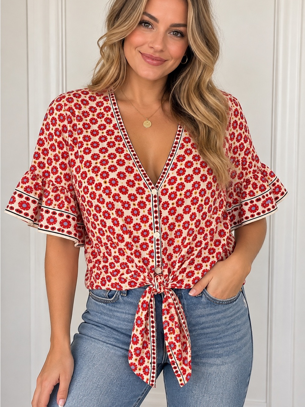 Max Studio XS Floral Tie Front Blouse Ruffle Sleeve Boho Top